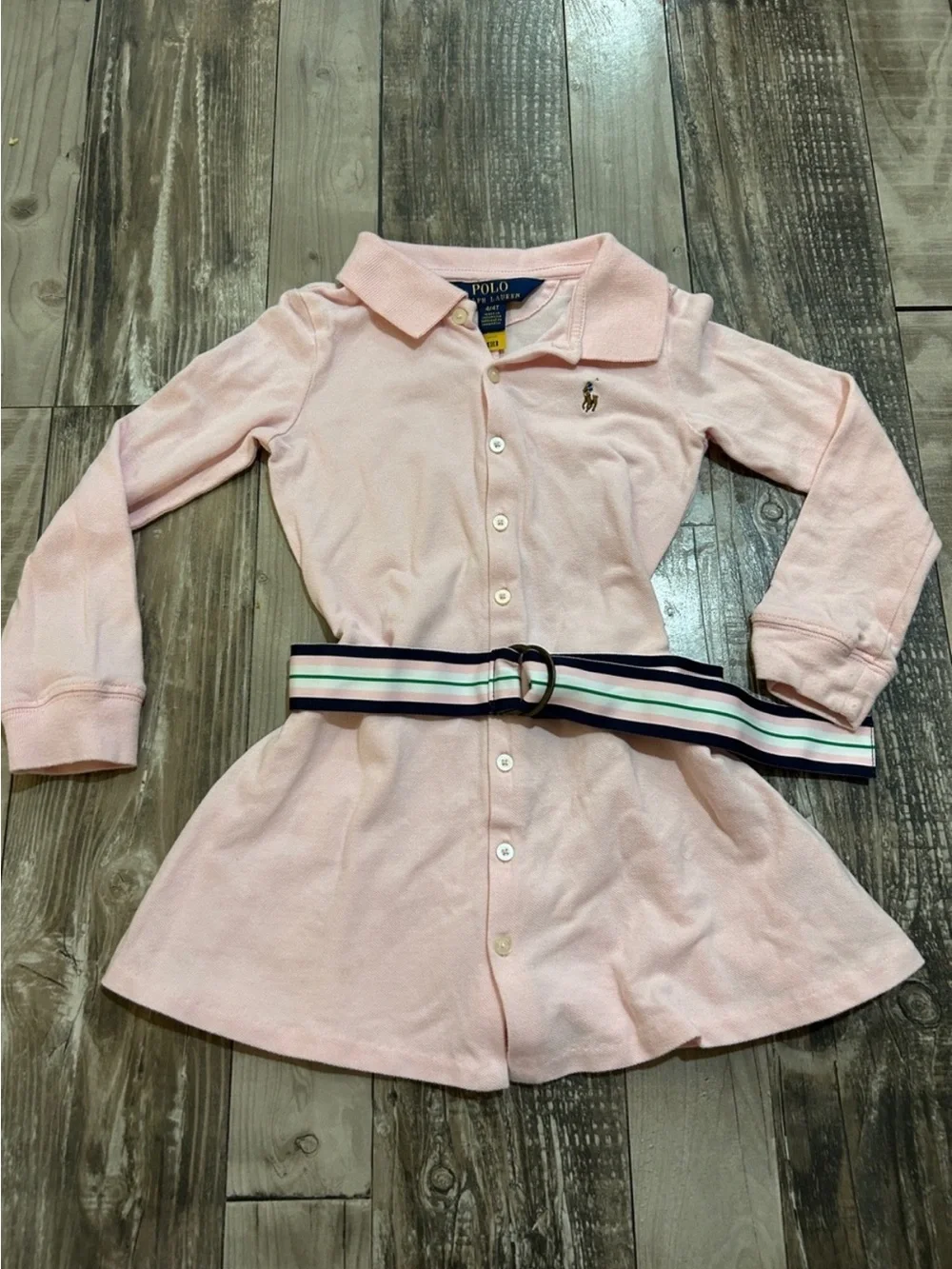 Ralph Lauren Light Pink Button-Front Oxford Knit Polo Dress with Striped Belt